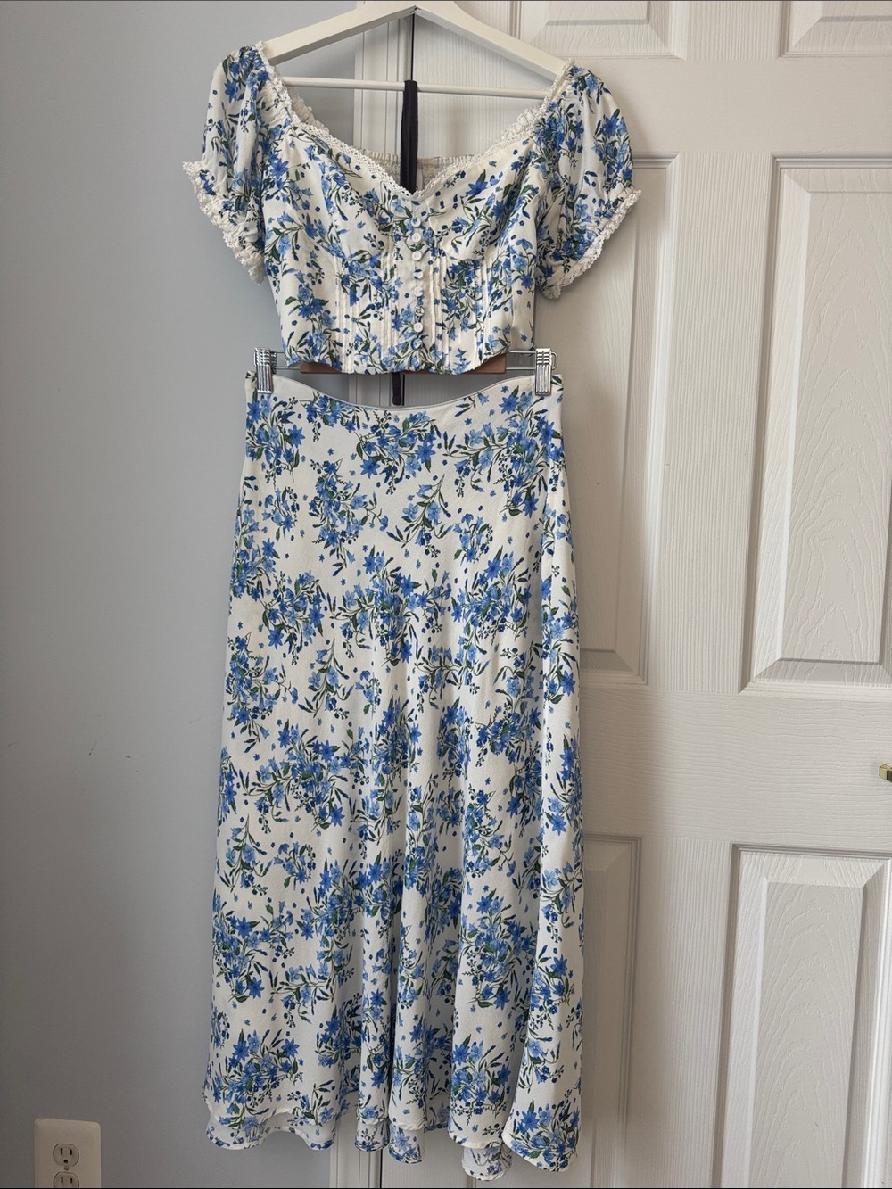 Mango Blue Floral Two-Piece Top and Skirt Set